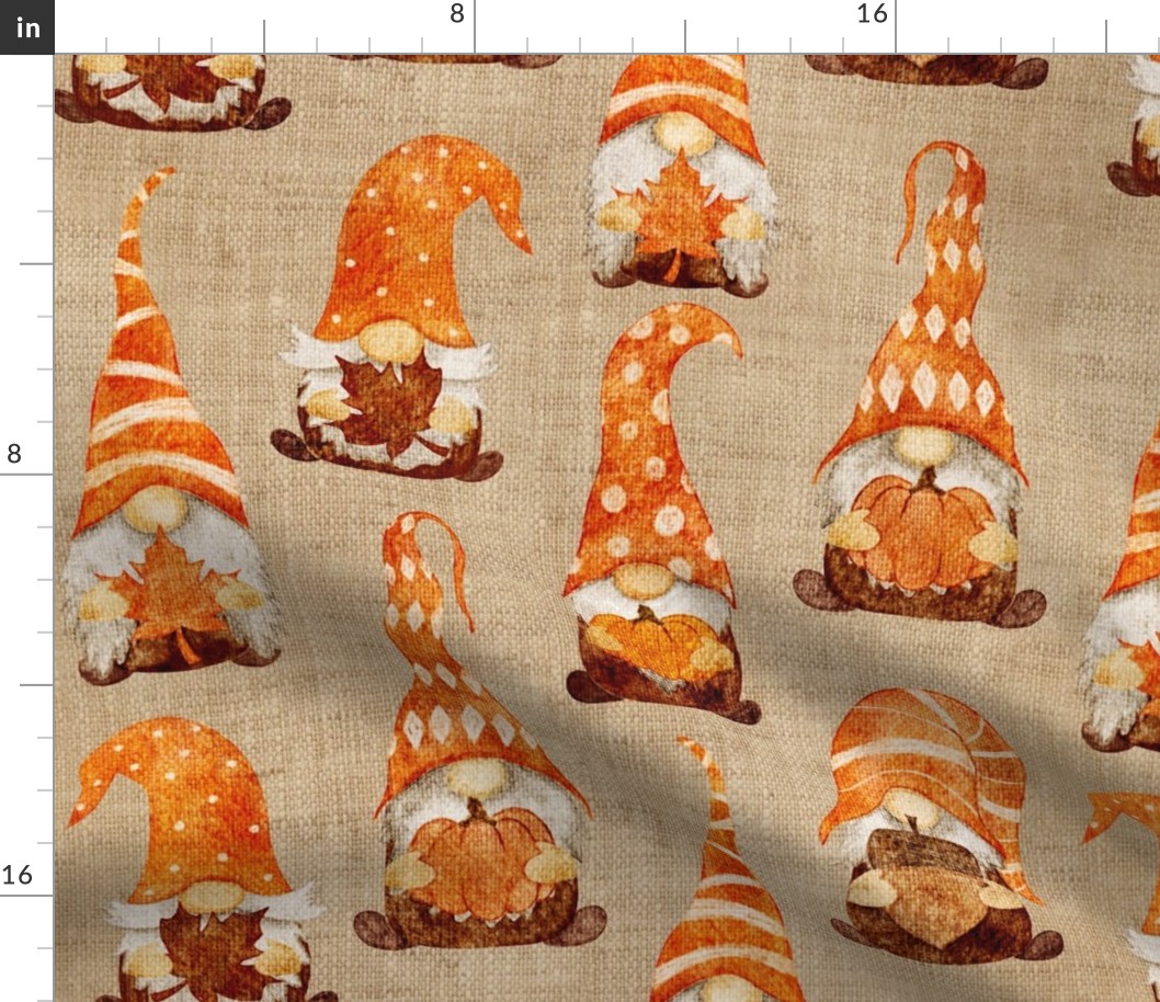 Fall Gnomes with Pumpkins_ Leaves and Acorns on Camel Linen - large scale
