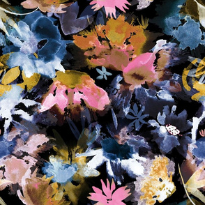Moody Floral - Artistic dark floral watercolor - Elegant dramatic flowers - Pink Blue navy
