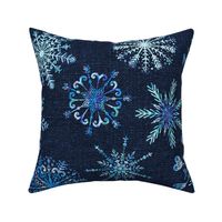 BLUE Watercolor SNOWFLAKES on dark blue linen - large scale 