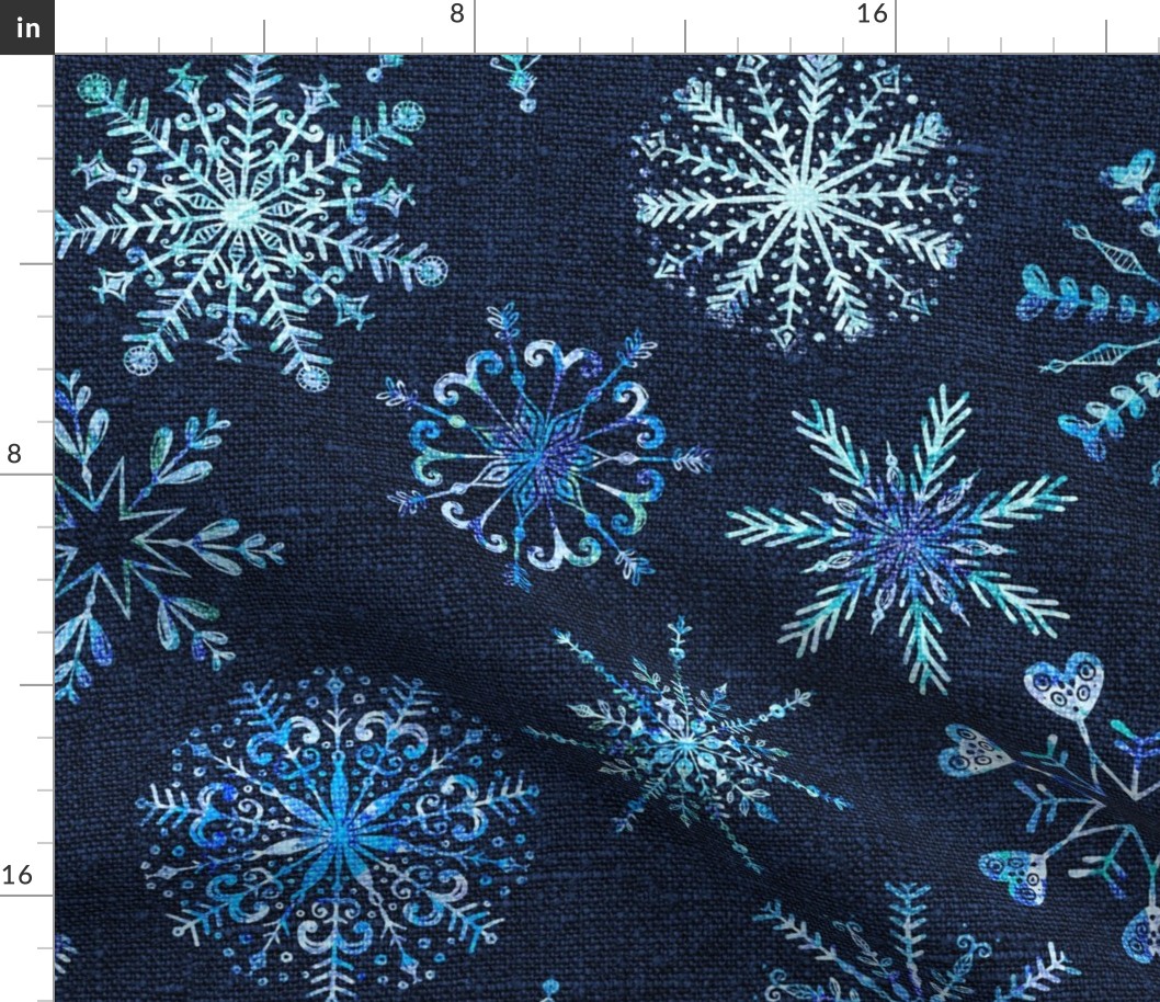 BLUE Watercolor SNOWFLAKES on dark blue linen - large scale 