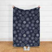 White Snowflakes on Dark Blue Linen - large scale