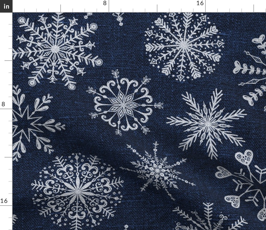 White Snowflakes on Dark Blue Linen - large scale