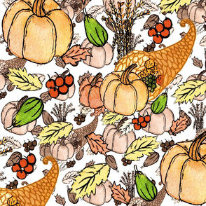 Painted Pumpkin Harvest- Cornucopia Watercolor- Mustard, Orange, Salmon, Apricot- Large Scale