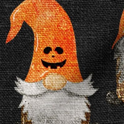 Jack-O-Lantern Pumpkin Gnomes on Dark Grey Linen - large scale