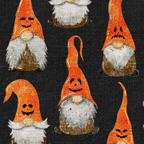 Jack-O-Lantern Pumpkin Gnomes on Dark Grey Linen - large scale