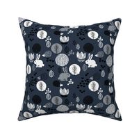 Cute winter woodland garden animals love girls hedgehog bunny garden easter design navy blue gray white