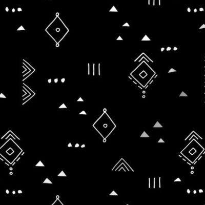 Messy tribal minimal mudcloth boho triangles and aztec details marroccan rug inspired design neutral nursery monochrome white on black