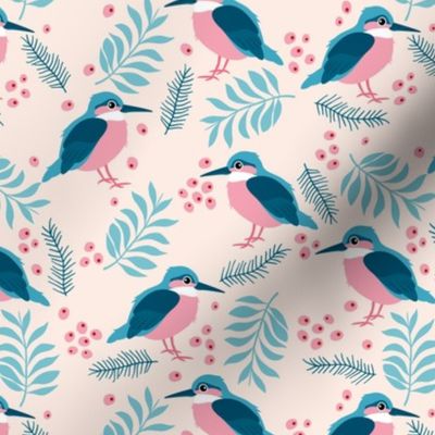 Little kingfisher bird winter wonderland wild garden blush pink blue girls