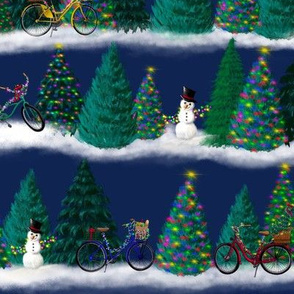 Evergreen Christmas Trees  With Bikes, Snowmen and Snow