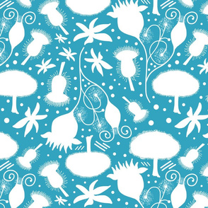 Alien Fantasy Garden (Abstact) - white on turquoise teal blue