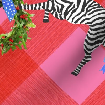 Large Holiday Zebras with wreaths on Plaid