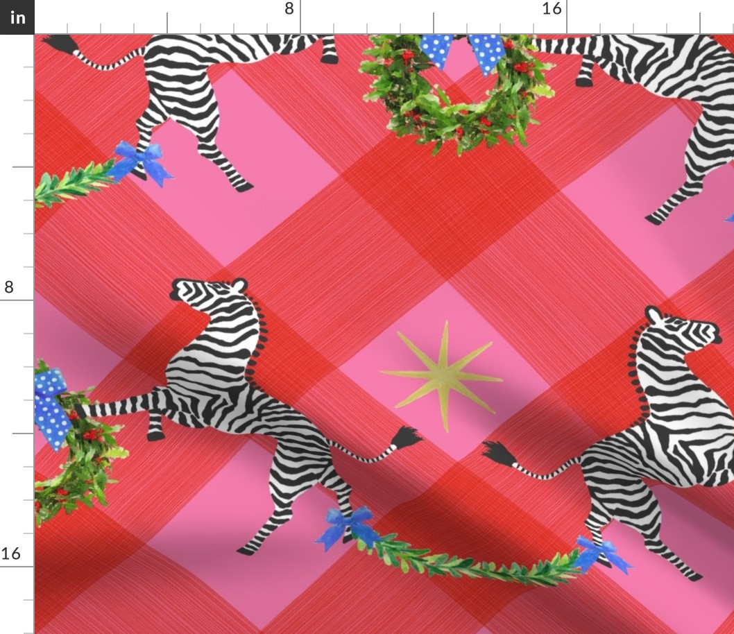 Large Holiday Zebras with wreaths on Plaid