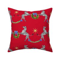 Medium Holiday Zebras with Wreaths on Red