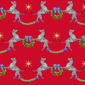 Medium Holiday Zebras with Wreaths on Red