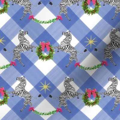 Small Holiday Zebras with wreaths on Blue Plaid