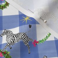 Small Holiday Zebras with wreaths on Blue Plaid