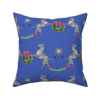 Medium Holiday Zebras with wreaths on Blue 