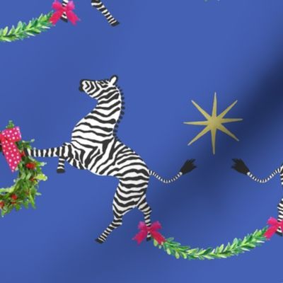 Medium Holiday Zebras with wreaths on Blue 