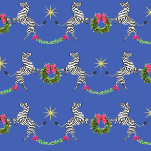 Medium Holiday Zebras with wreaths on Blue 