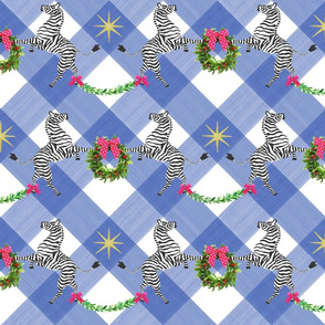 Medium Holiday Zebras with wreaths on Blue Plaid