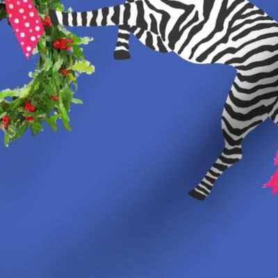 Large Holiday Zebras with wreaths on Blue 