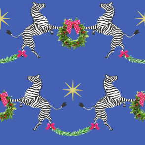 Large Holiday Zebras with wreaths on Blue 