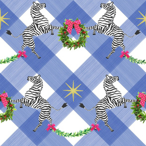 Large Holiday Zebras with wreaths on Blue Plaid