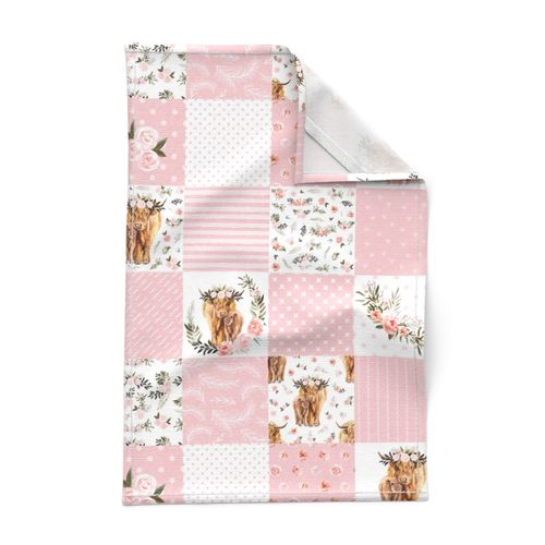 4.5" Pink spring floral highland cow cheater quilt