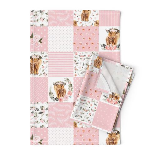 4.5" Pink spring floral highland cow cheater quilt