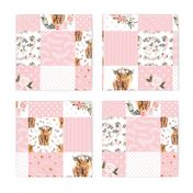 4.5" Pink spring floral highland cow cheater quilt