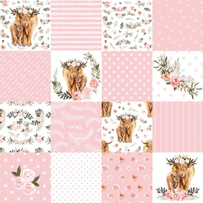 4.5" Pink spring floral highland cow cheater quilt