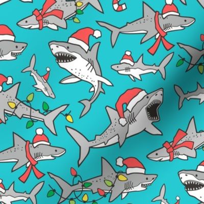Christmas Holidays Winter Sharks Shark Grey on Blue