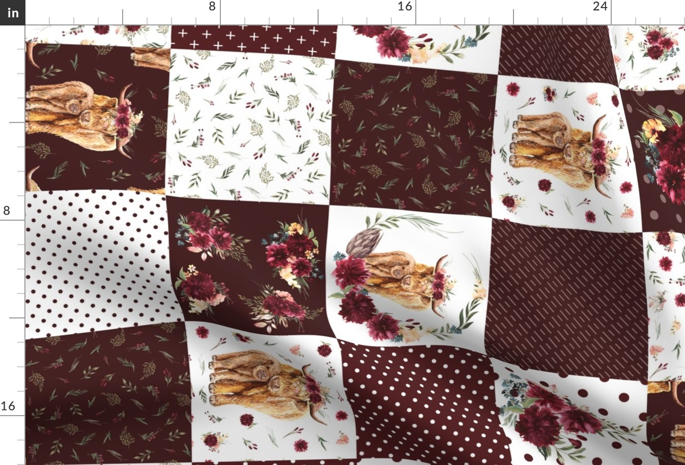 6" maroon floral highland cow cheater quilt - rotated