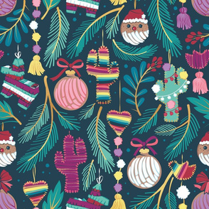 Normal scale // Mexican Christmas Tree // blue background green and aqua pine leaves multicoloured holiday decorations pan dulce balls cacti hearts birds pom-pom garland pinatas santa claus conchas donuts