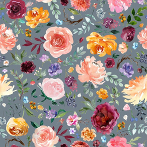 blueberry Autumn floral on stone blue