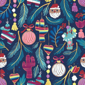 Normal scale // Mexican Christmas Tree // blue background blue pine leaves multicoloured holiday decorations pan dulce balls cacti hearts birds pom-pom garland pinatas santa claus conchas donuts