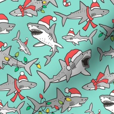 Christmas Holidays Winter Sharks Shark Grey onChristmas Holidays Winter Sharks Shark Grey on Mint Green