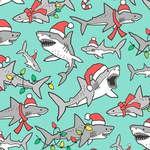 Christmas Holidays Winter Sharks Shark Grey onChristmas Holidays Winter Sharks Shark Grey on Mint Green