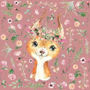 18x18" pink floral baby squirrel patch on dusty rose background