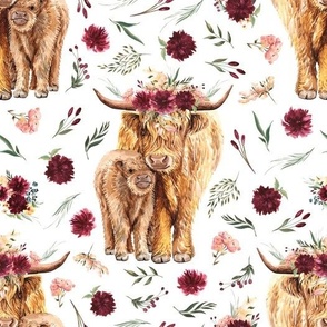 Floral Highland Cows Fabric - Maroon Floral Highland Cow - Baby