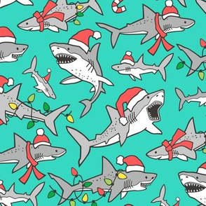 Christmas Holidays Winter Sharks Shark Grey onChristmas Holidays Winter Sharks Shark Grey on Dark Mint Green