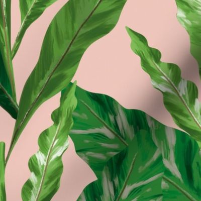 Tropical Green Leaves Pink L