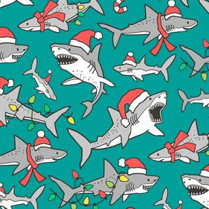 Christmas Holidays Winter Sharks Shark Grey on Teal Green