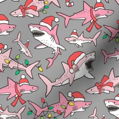 Christmas Holidays Winter Sharks Shark Pink on Grey