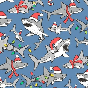 Christmas Holidays Winter Sharks Shark Grey on Light Navy Blue