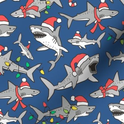 Christmas Holidays Winter Sharks Shark Grey on Navy Blue