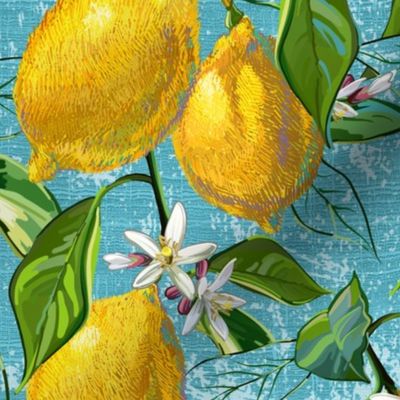Fresh Lemons | Large | Cyan Faux Texture