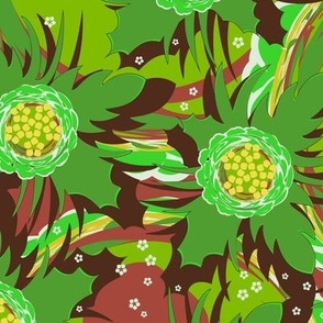 Abstract retro flowers. Green on light green background