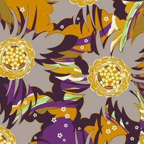 Abstract retro flowers. Gray on mustard background