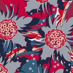 Abstract retro flowers. Gray on red background